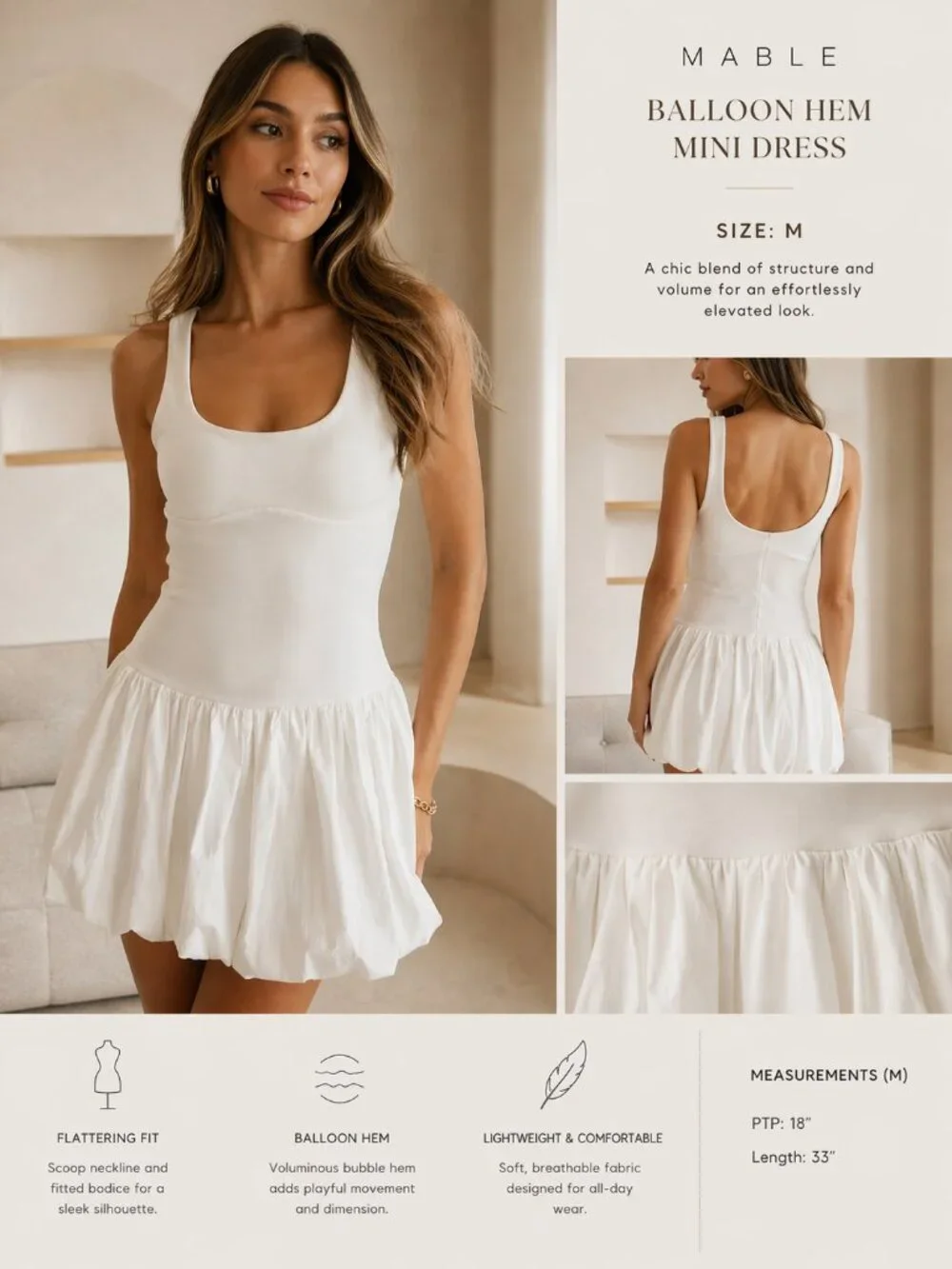 Mable White Bubble Hem Mini Dress Size M Scoop Neck Sleeveless Fit & Flare NWOT - Picture 2 of 7
